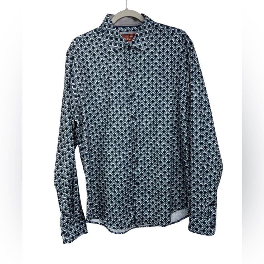 Consequence Mens Long Sleeve Button Down Dress Shirt Navy White Diamond Tile